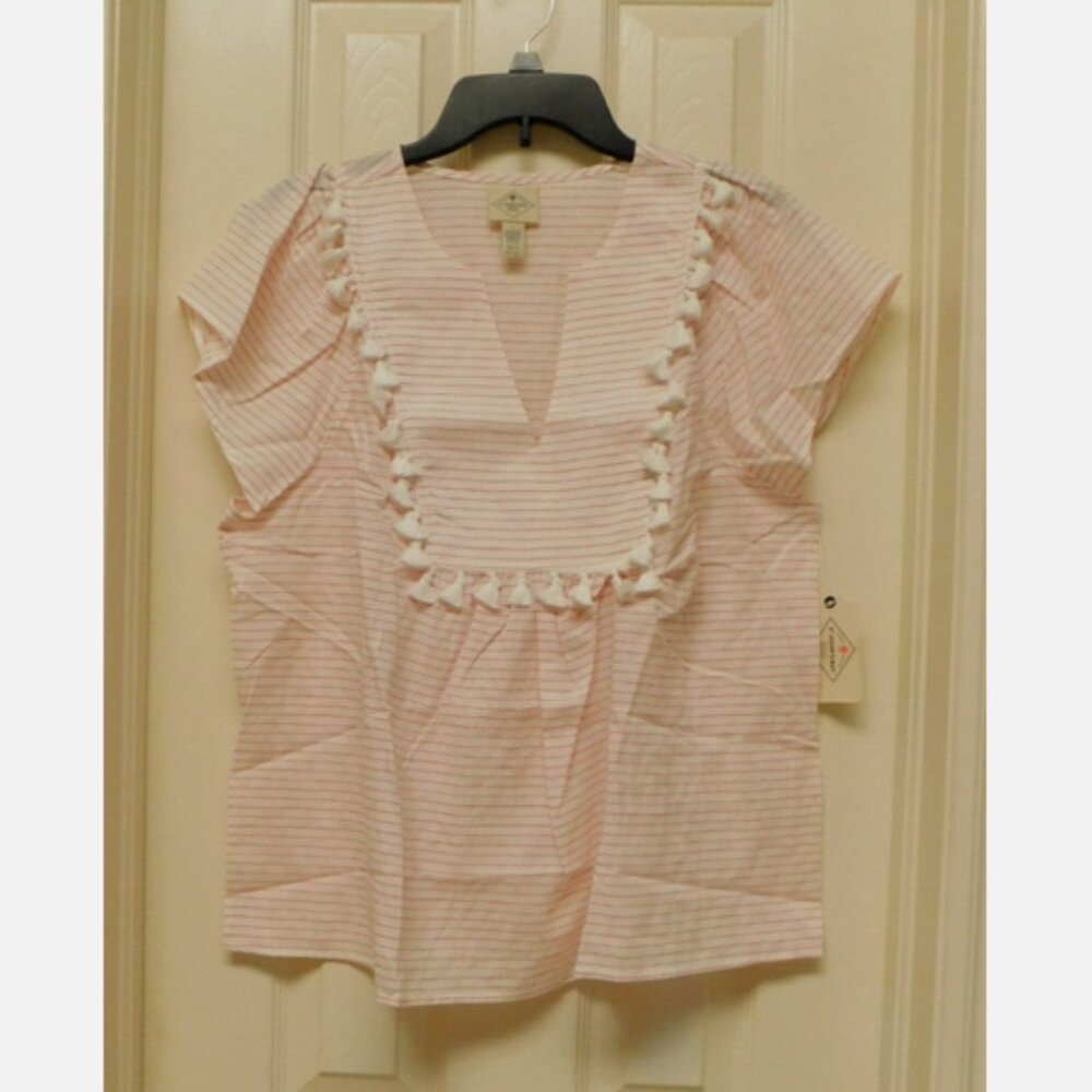 ST. JOHN’S BAY Womens Pink White Stripe Tassel Trim Coastal Cottagecore Large